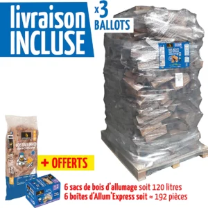 Lot de 3 packs WOODSTOCK Bois bûche 40cm ballot 2000 dm3 + 6 sacs bois d'allumage + 6 boîtes d'allum'expr